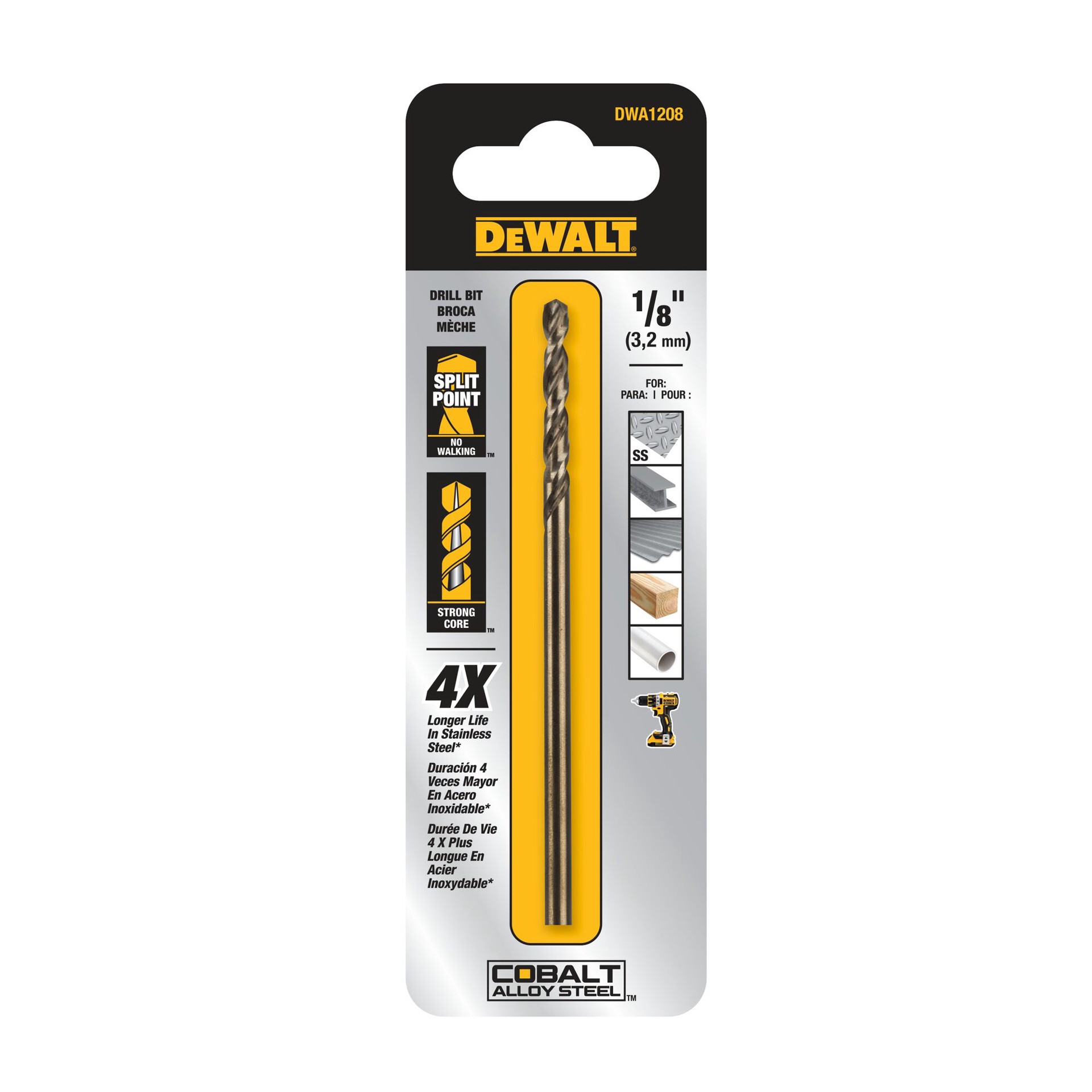 slide 1 of 6, DEWALT 1/8-in x 2-3/4-in Cobalt alloy steel Jobber length Twist Drill Bit, 1 ct