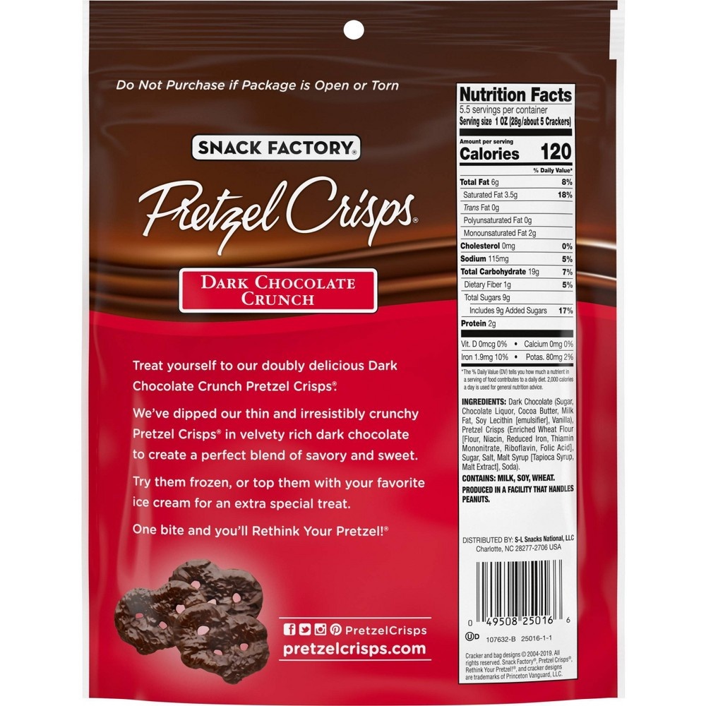 slide 2 of 8, Snack Factory Dark Chocolate Crunch Pretzel Crisps, 5.5 oz