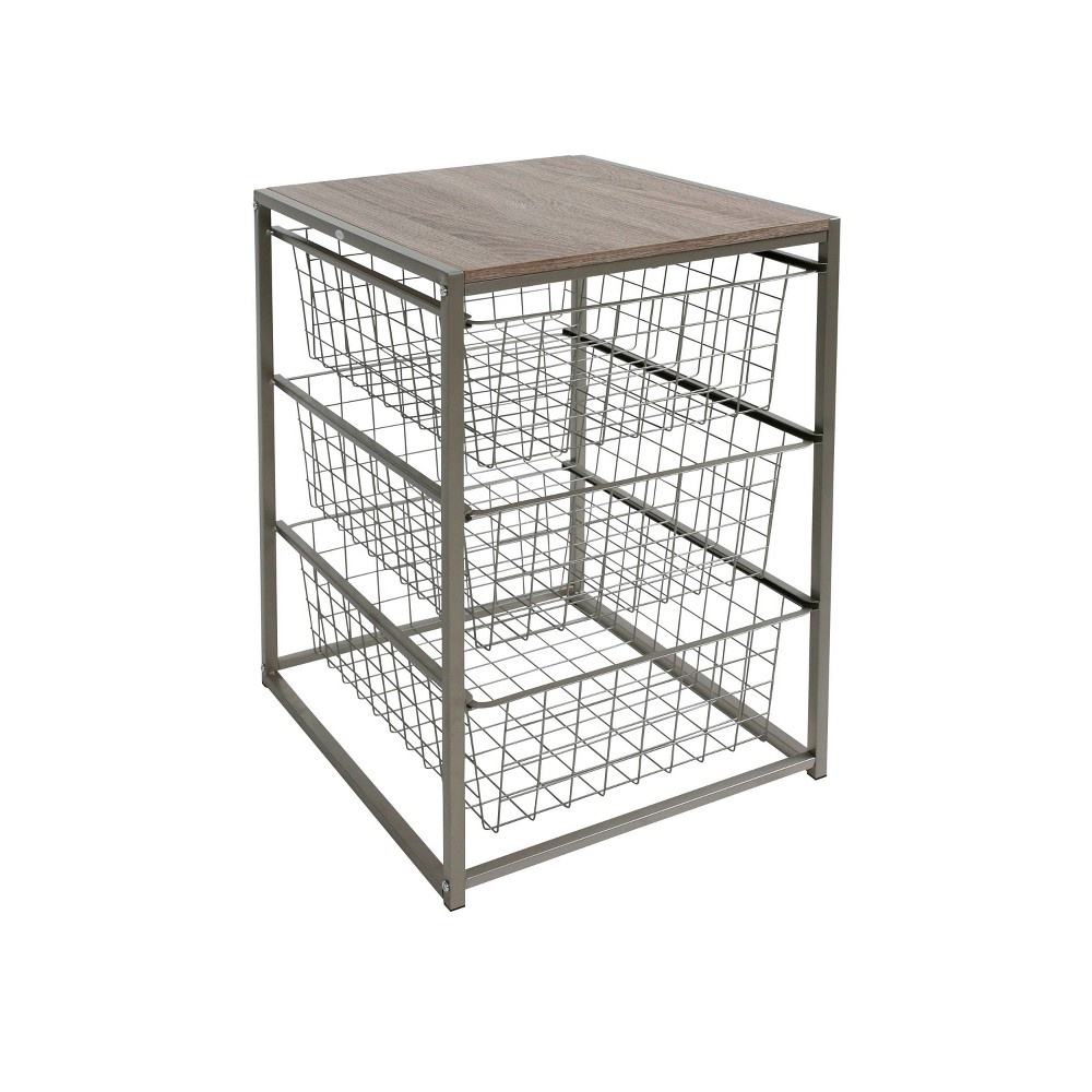 slide 3 of 14, 3 Drawer Closet Organizer with Rustic Oak Finish Top Gray Metal - Threshold, 1 ct