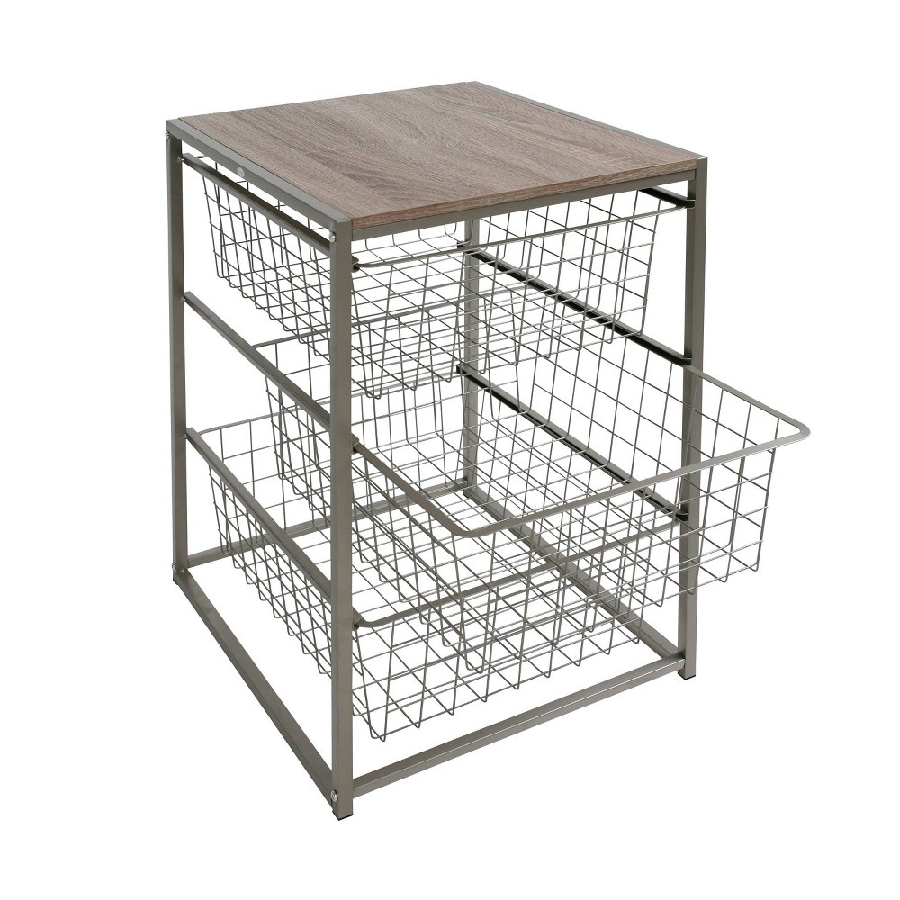 slide 4 of 14, 3 Drawer Closet Organizer with Rustic Oak Finish Top Gray Metal - Threshold, 1 ct