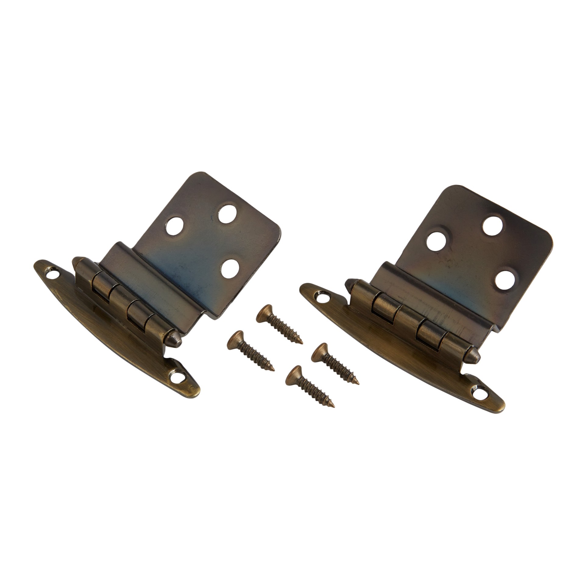 slide 6 of 6, RELIABILT 200-Degree 3/8-in Overlay 3/8-in Inset Inset Surface Aged brass Cabinet Hinge, 1 Pair(s) 2 -Pieces, 1 ct