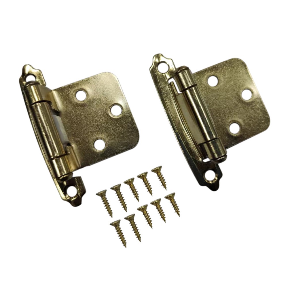 slide 5 of 6, RELIABILT 200-Degree Adjustable Overlay Overlay Surface Self-Closing Brass plated Cabinet Hinge, 1 Pair(s) 2 -Pieces, 1 ct
