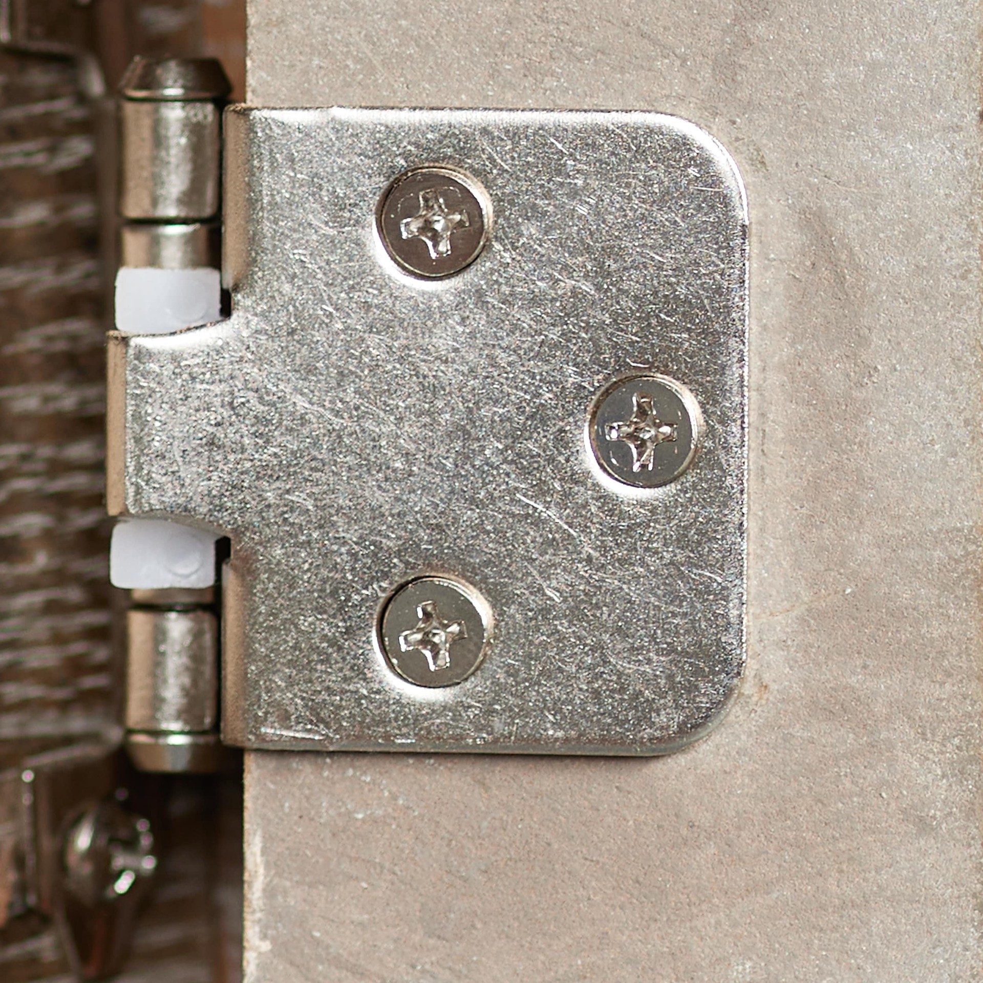 slide 5 of 6, RELIABILT 200-Degree Adjustable Overlay Overlay Surface Self-Closing Satin nickel Cabinet Hinge, 1 Pair(s) 2 -Pieces, 1 ct