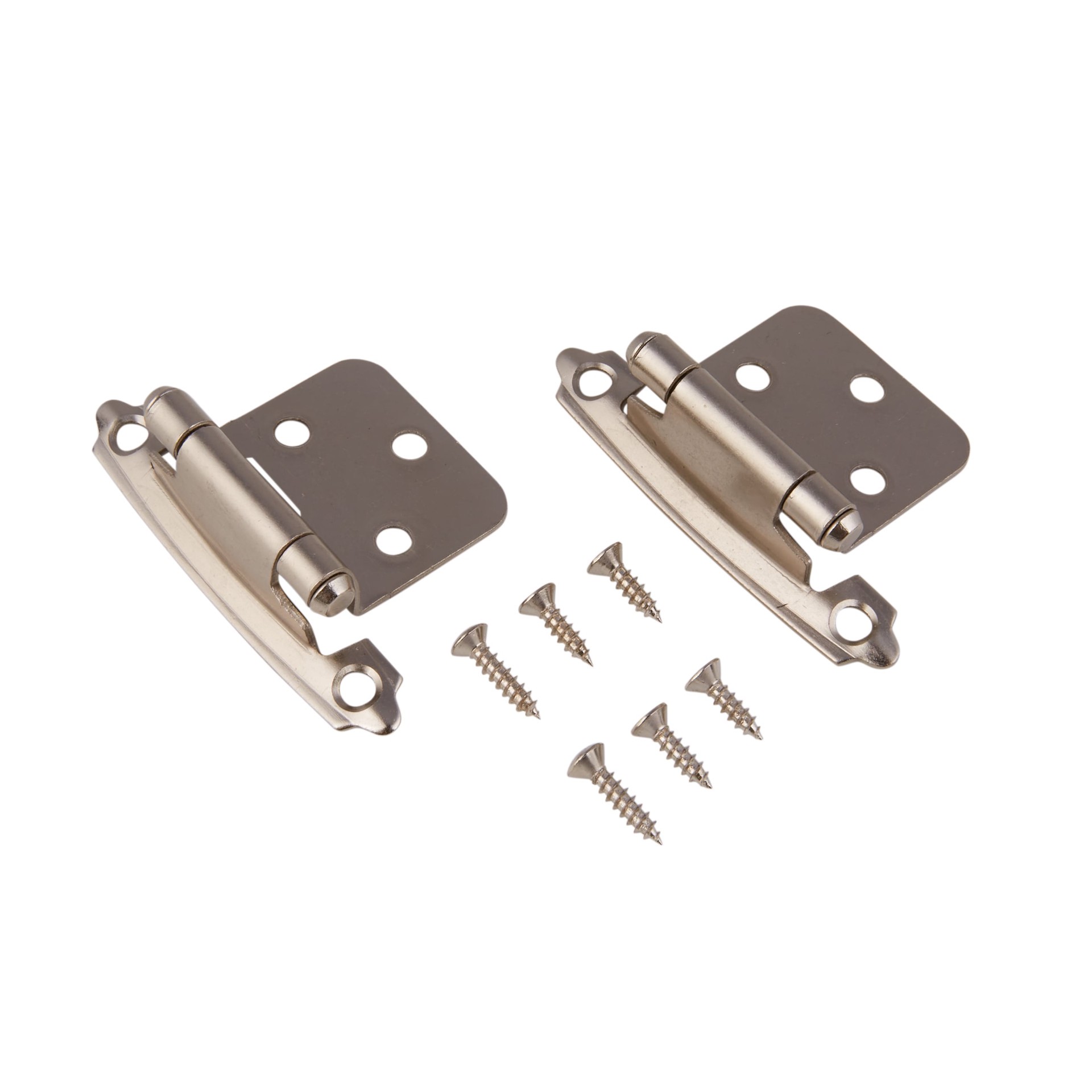 slide 6 of 6, RELIABILT 200-Degree Adjustable Overlay Overlay Surface Self-Closing Satin nickel Cabinet Hinge, 1 Pair(s) 2 -Pieces, 1 ct