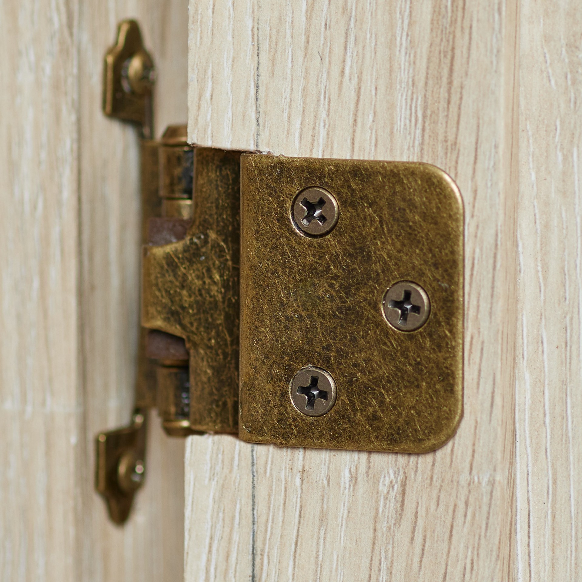slide 5 of 6, RELIABILT 200-Degree 3/8-in Inset Inset Surface Self-Closing Aged brass Cabinet Hinge, 1 Pair(s) 2 -Pieces, 1 ct