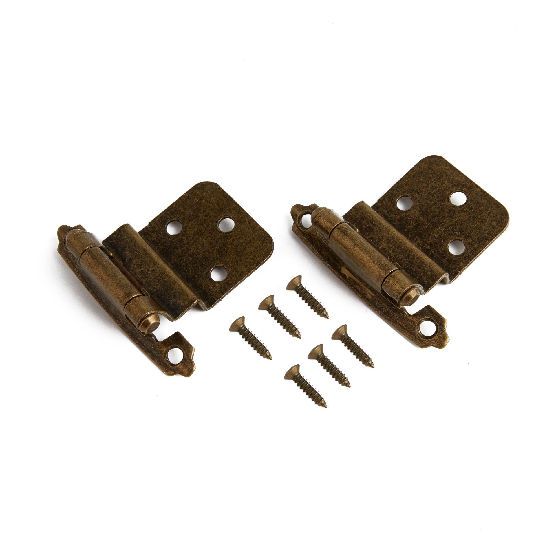 slide 6 of 6, RELIABILT 200-Degree 3/8-in Inset Inset Surface Self-Closing Aged brass Cabinet Hinge, 1 Pair(s) 2 -Pieces, 1 ct