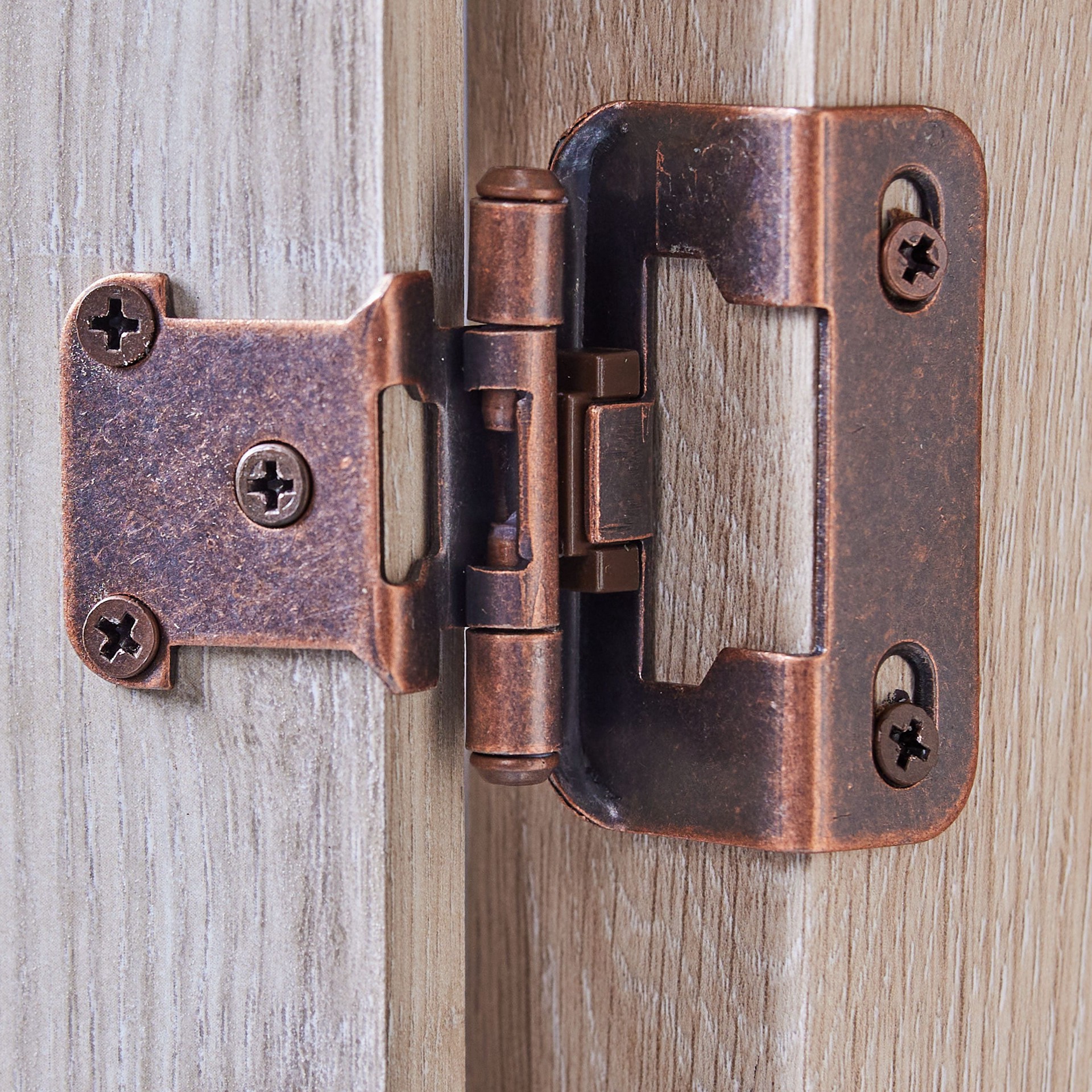 slide 4 of 6, RELIABILT 200-Degree 1/2-in Overlay 1/2-in Inset Semi-wrap Surface Self-Closing Aged bronze Cabinet Hinge, 1 Pair(s) 2 -Pieces, 1 ct