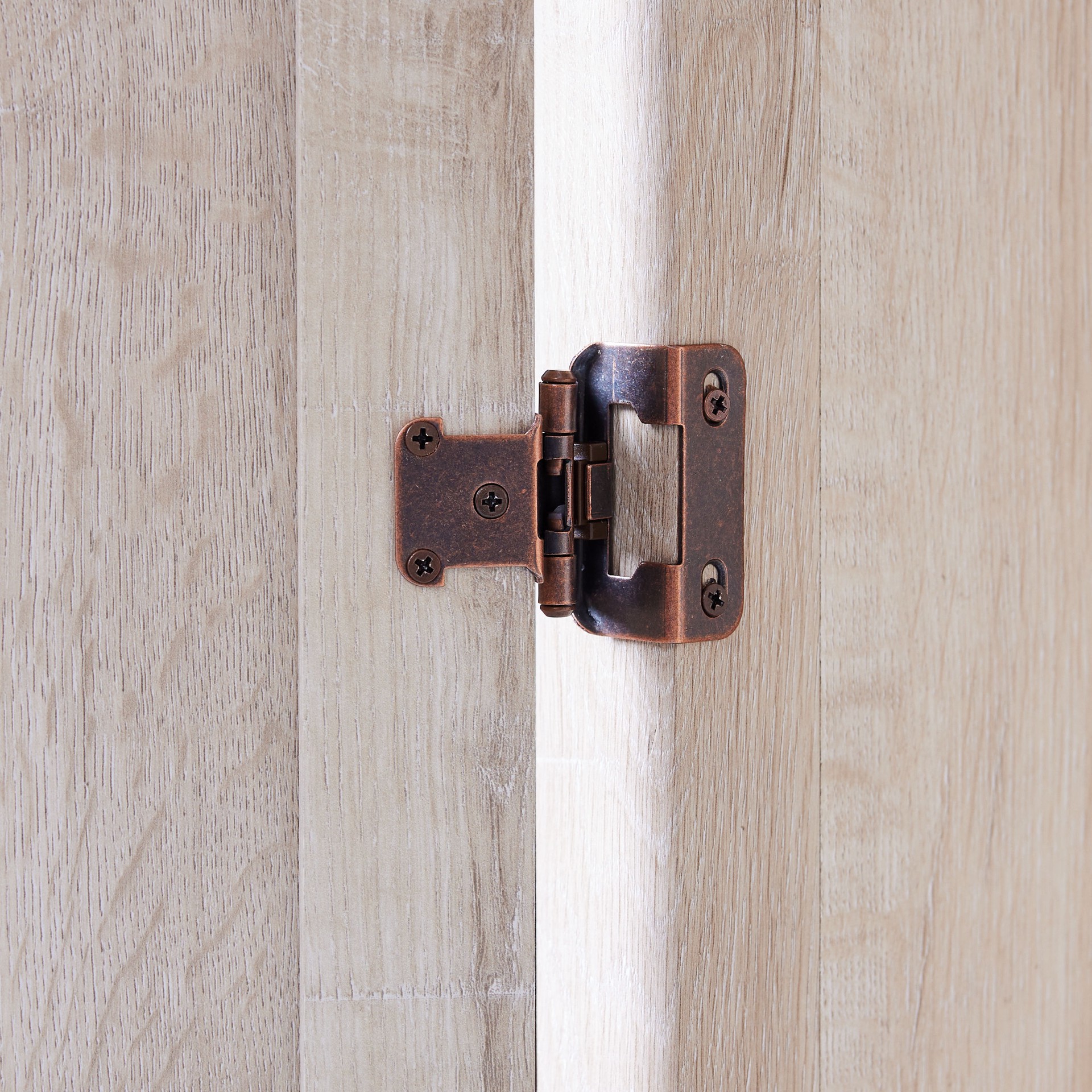 slide 5 of 6, RELIABILT 200-Degree 1/2-in Overlay 1/2-in Inset Semi-wrap Surface Self-Closing Aged bronze Cabinet Hinge, 1 Pair(s) 2 -Pieces, 1 ct