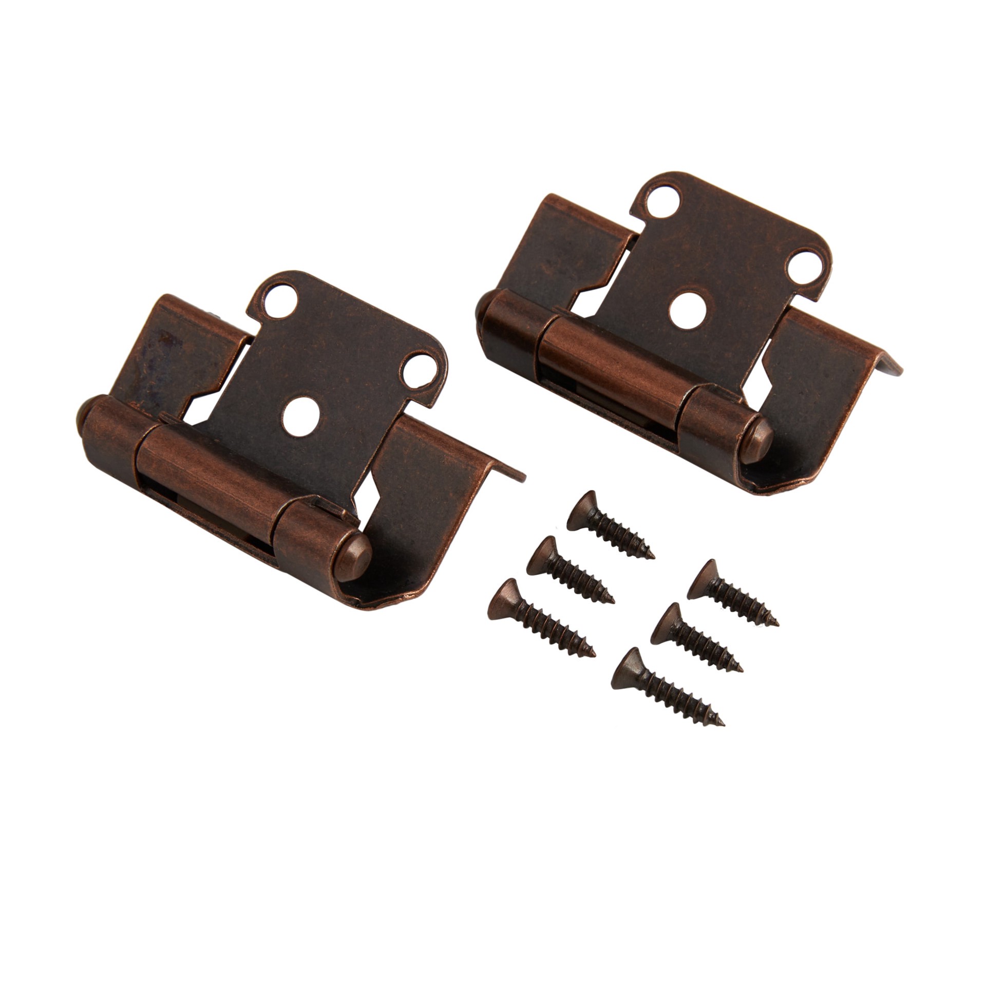 slide 6 of 6, RELIABILT 200-Degree 1/2-in Overlay 1/2-in Inset Semi-wrap Surface Self-Closing Aged bronze Cabinet Hinge, 1 Pair(s) 2 -Pieces, 1 ct