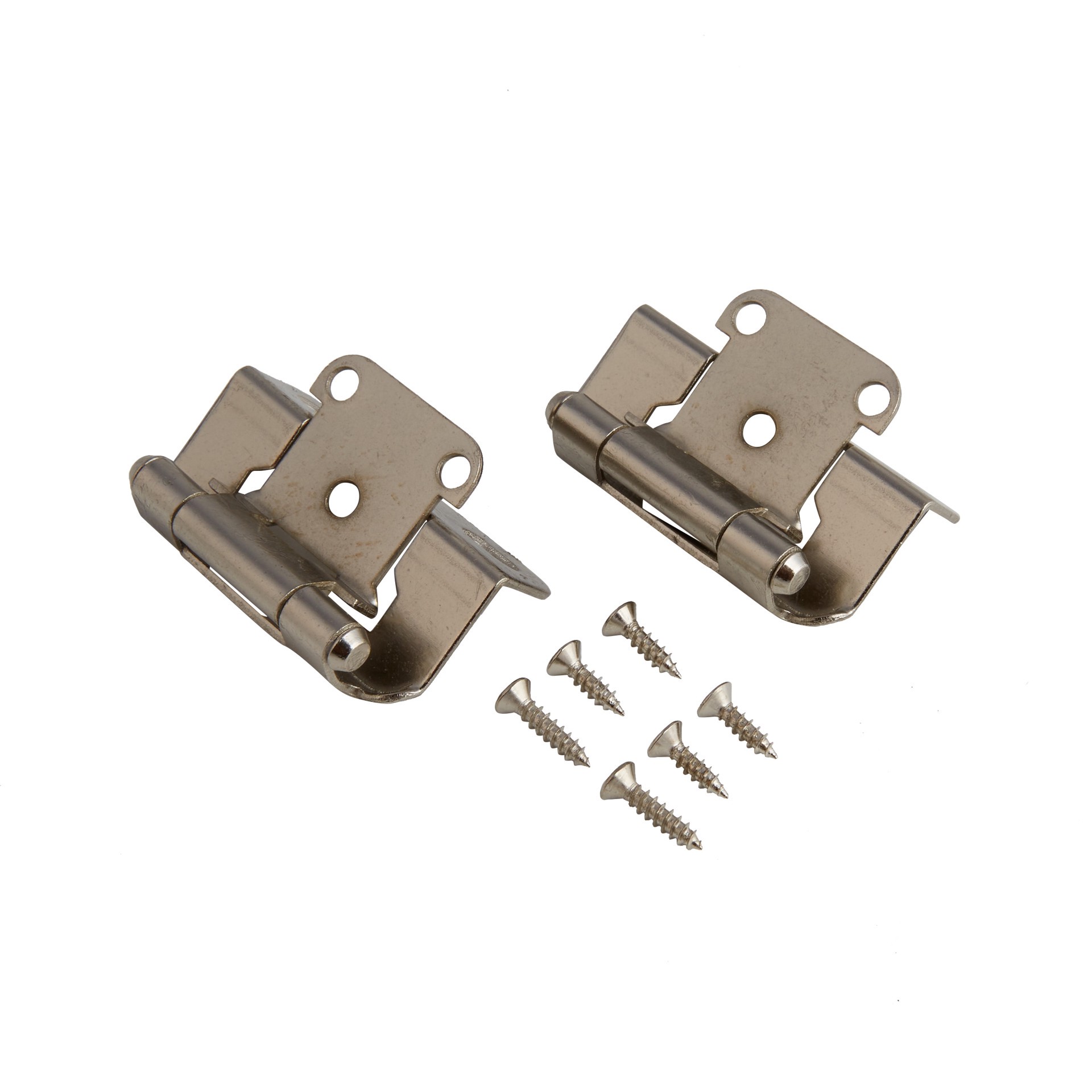 slide 6 of 6, RELIABILT 200-Degree 1/2-in Overlay 1/2-in Inset Semi-wrap Surface Self-Closing Satin nickel Cabinet Hinge, 1 Pair(s) 2 -Pieces, 1 ct