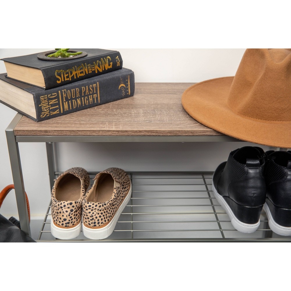 slide 9 of 11, 3 Tier Shoe Rack with Rustic Oak Finish Top Gray Metal - Threshold, 1 ct