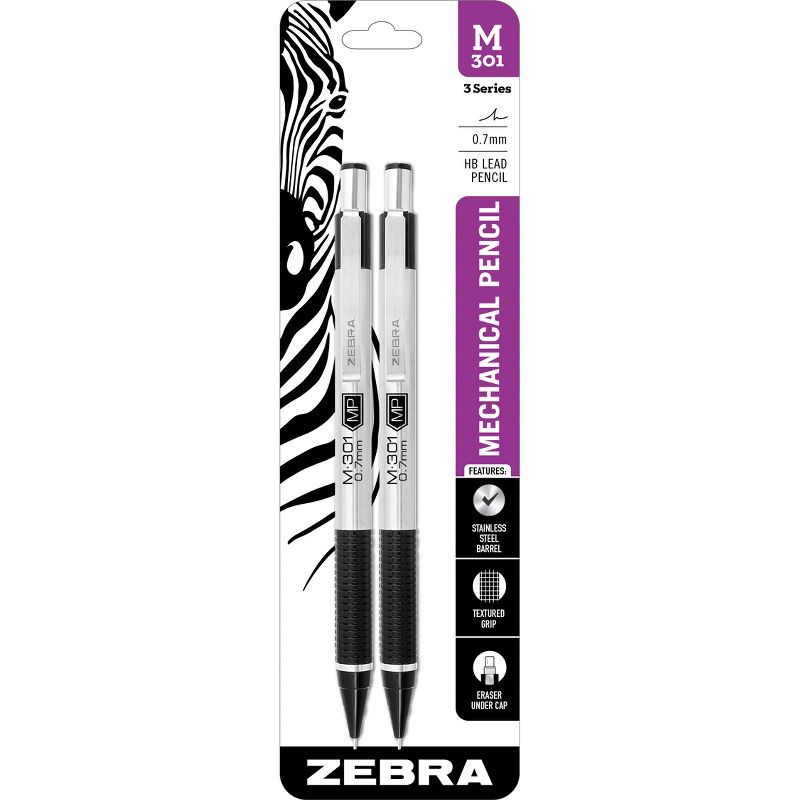 slide 1 of 3, Zebra 2pk M-301 #2 Mechanical Pencil Stainless Steel White, 2 ct