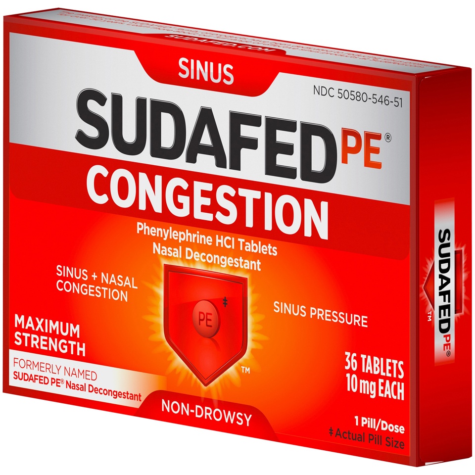 slide 3 of 6, Sudafed PE Sinus Congestion Maximum Strength Non-Drowsy Decongestant Tablets with 10 mg Phenylephrine HCl, Helps Relieve Sinus Pressure, Sinus Congestion & Nasal Congestion, 36 ct