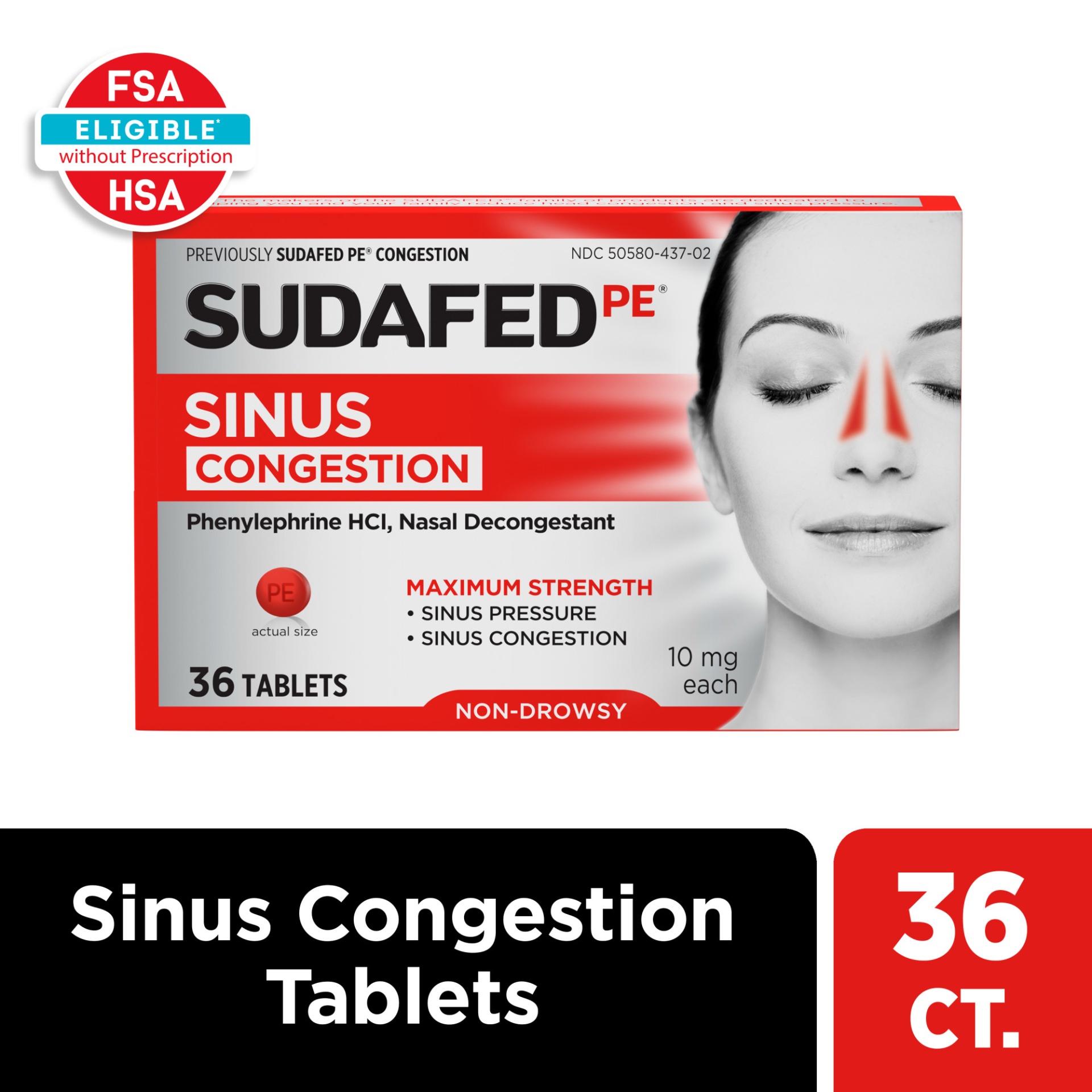 slide 1 of 6, Sudafed PE Sinus Congestion Maximum Strength Non-Drowsy Decongestant Tablets with 10 mg Phenylephrine HCl, Helps Relieve Sinus Pressure, Sinus Congestion & Nasal Congestion, 36 ct