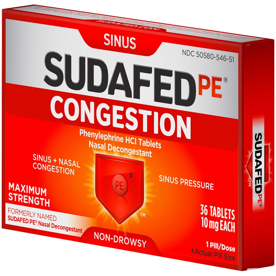 slide 5 of 6, Sudafed PE Sinus Congestion Maximum Strength Non-Drowsy Decongestant Tablets with 10 mg Phenylephrine HCl, Helps Relieve Sinus Pressure, Sinus Congestion & Nasal Congestion, 36 ct