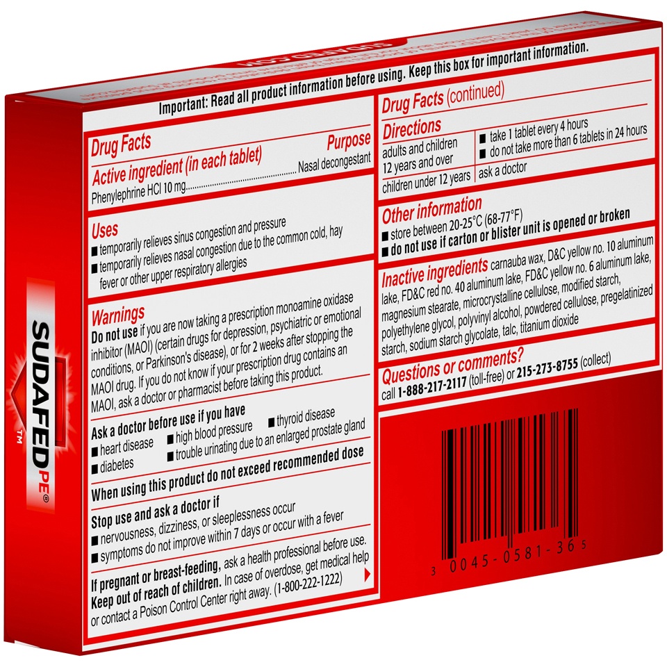 slide 6 of 6, Sudafed PE Sinus Congestion Maximum Strength Non-Drowsy Decongestant Tablets with 10 mg Phenylephrine HCl, Helps Relieve Sinus Pressure, Sinus Congestion & Nasal Congestion, 36 ct