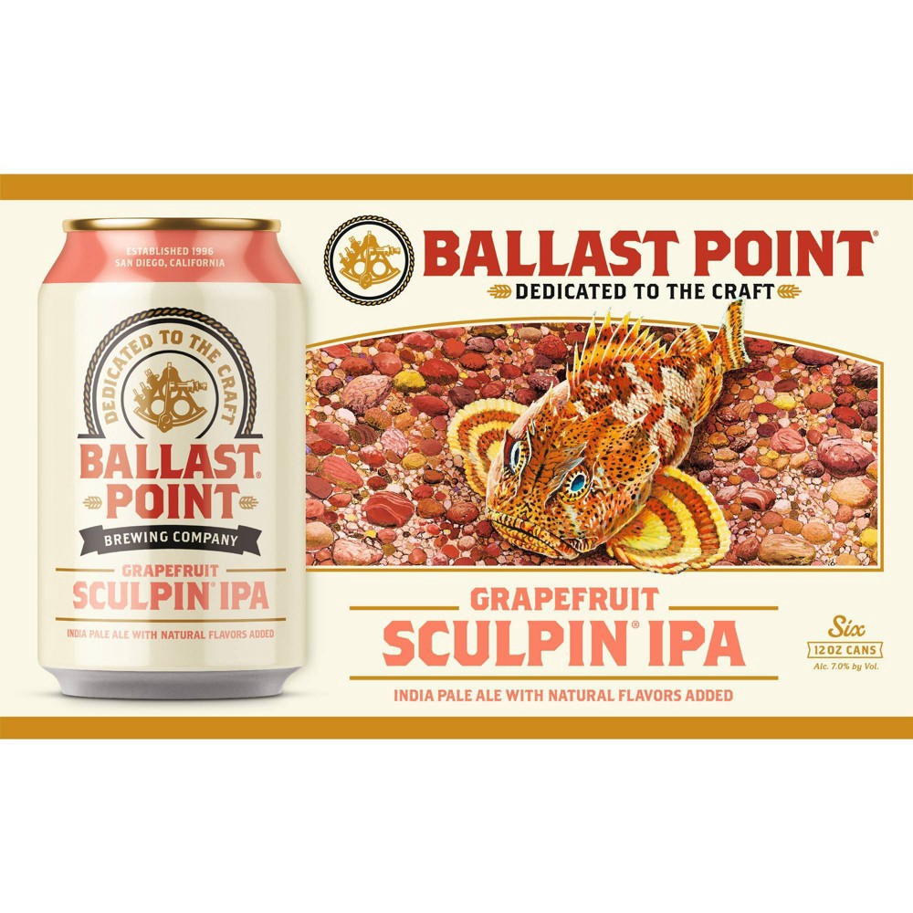 slide 3 of 3, Ballast Point Grapefruit Sculpin IPA Beer - 6pk/12 fl oz Cans, 6 ct; 12 fl oz