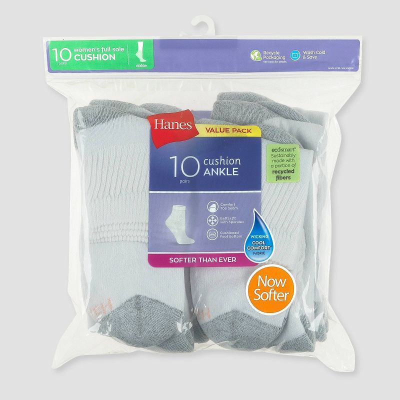slide 3 of 3, Hanes Women's Extended Size Cushioned 10pk Ankle Socks - White 8-12: Knit Midweight, Reinforced Heel & Toe, 10 ct