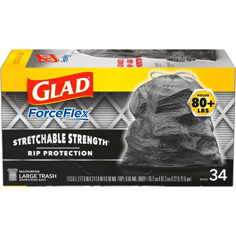 slide 2 of 17, Glad ForceFlex Large Drawstring Black Trash Bags - 30 Gallon - 34ct, 30 gal, 34 ct