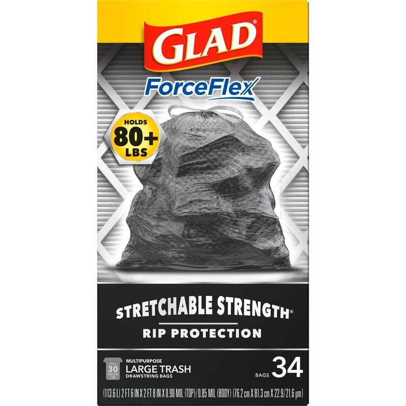 slide 12 of 17, Glad ForceFlex Large Drawstring Black Trash Bags - 30 Gallon - 34ct, 30 gal, 34 ct