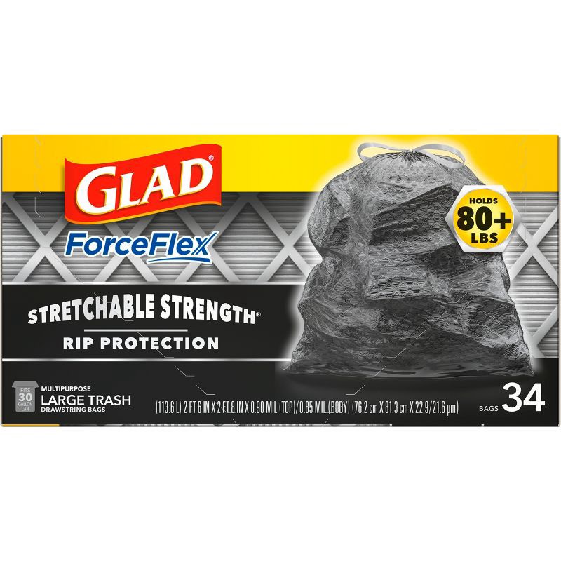 slide 15 of 17, Glad ForceFlex Large Drawstring Black Trash Bags - 30 Gallon - 34ct, 30 gal, 34 ct