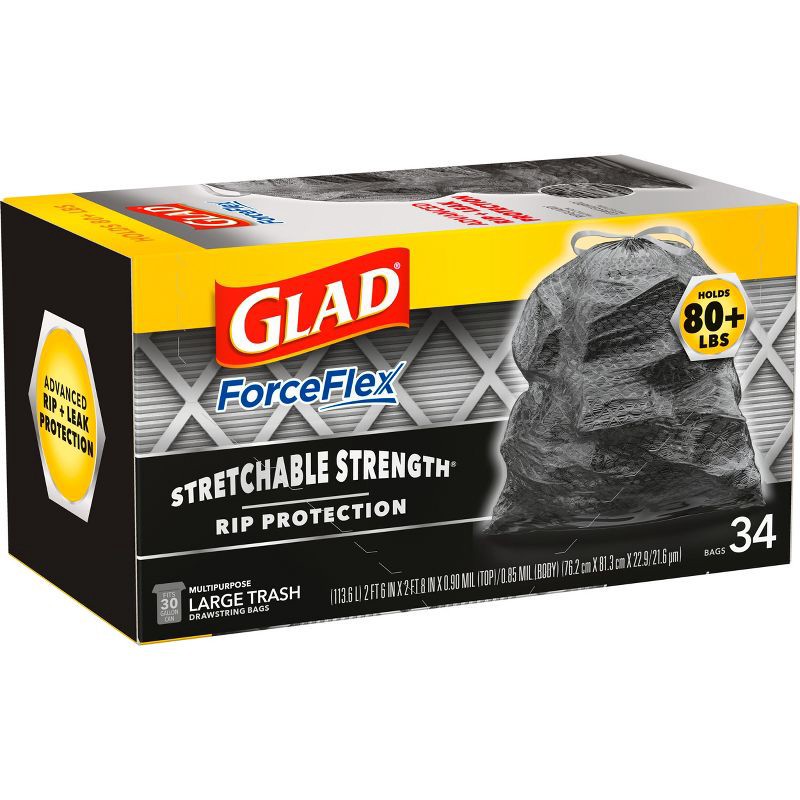 slide 11 of 17, Glad ForceFlex Large Drawstring Black Trash Bags - 30 Gallon - 34ct, 30 gal, 34 ct