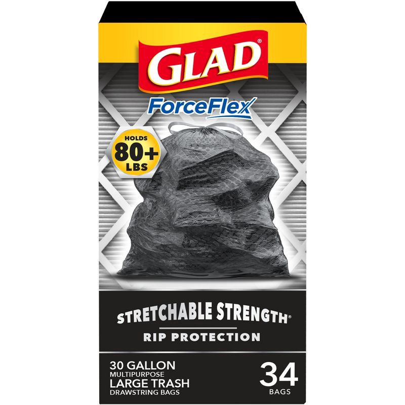 slide 1 of 17, Glad ForceFlex Large Drawstring Black Trash Bags - 30 Gallon - 34ct, 30 gal, 34 ct