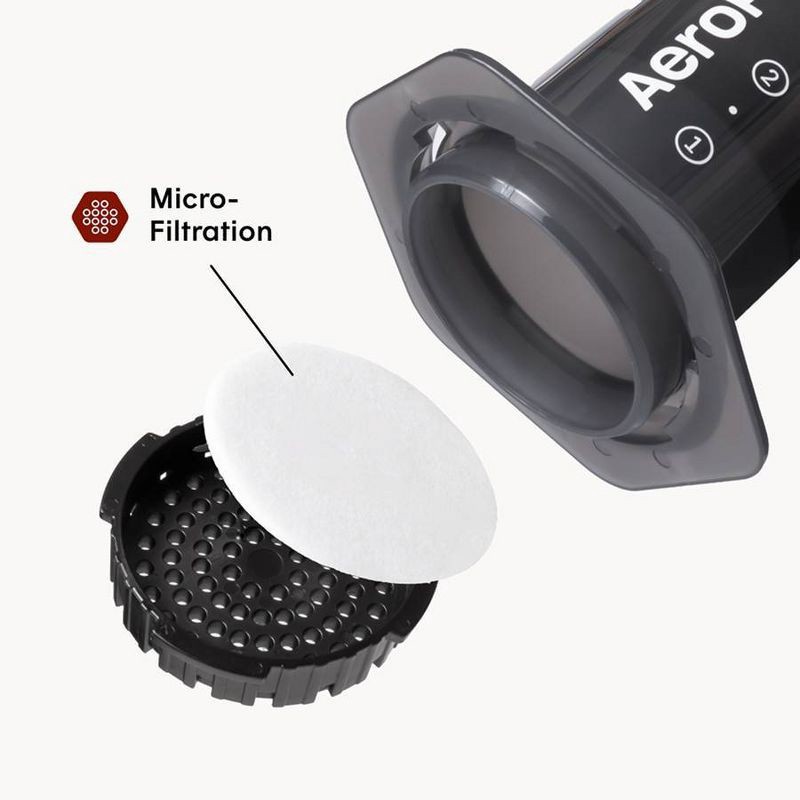 slide 4 of 6, AeroPress Original Coffee Press: Manual Single Serve Coffee Maker, 8 oz Capacity, Includes Scoop & Paper Filters, Black, 8 oz