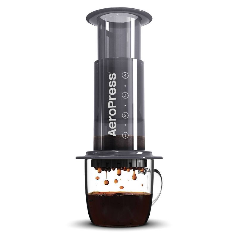 slide 1 of 6, AeroPress Original Coffee Press: Manual Single Serve Coffee Maker, 8 oz Capacity, Includes Scoop & Paper Filters, Black, 8 oz