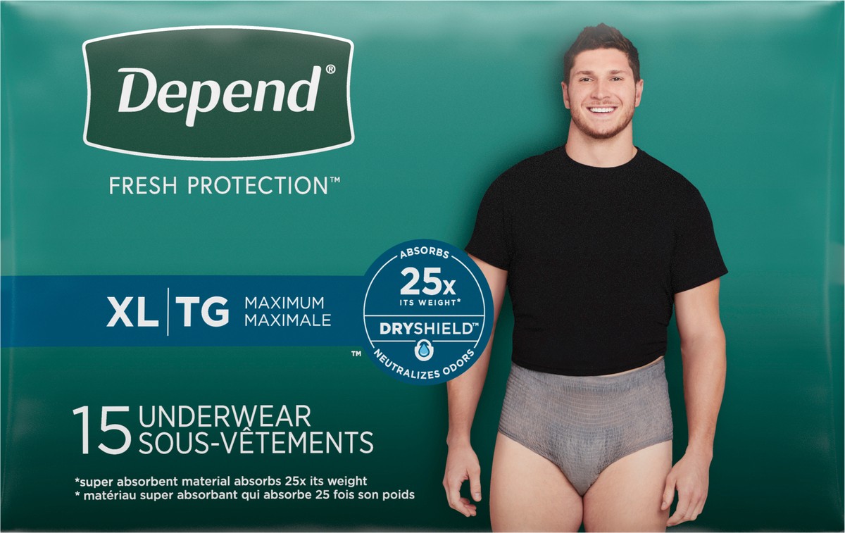 slide 4 of 9, Depend Fresh Protection Adult Incontinence Underwear for Men (Formerly Depend Fit-Flex), Disposable, Maximum, Extra-Large, Grey, 15 Count, 15 ct