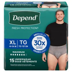 Depend Fresh Protection Adult Incontinence Underwear for Men, Disposable, Maximum, Extra-Large, Grey, 15 Count