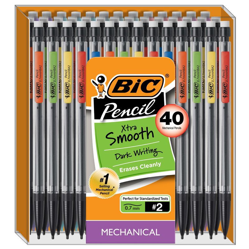 slide 1 of 7, BIC #2 Xtra Life Mechanical Pencils, 0.7mm, 40ct - Multicolor: School Supplies, Plastic, Pocket Clip, Adult Use, 40 ct