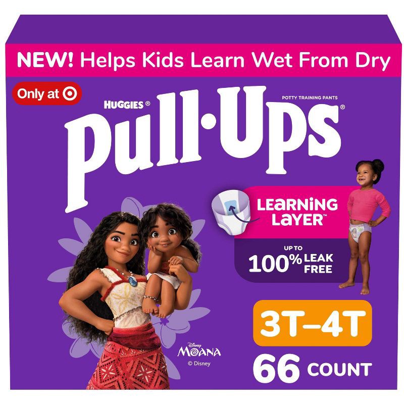 slide 1 of 9, Pull-Ups Girls' Learning Designs Training Pants - Size 3T-4T - 66ct: Elastic Stretch Sides, Tear Away Sides, Leak Guards, No Fragrance Added, 66 ct