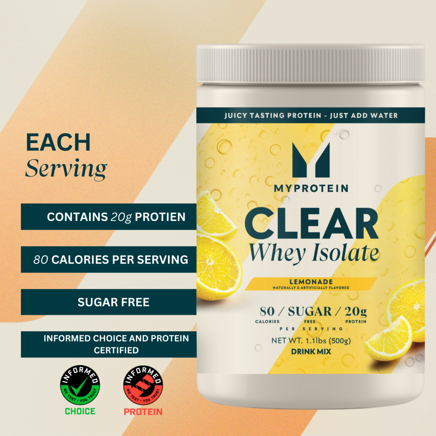 slide 1 of 3, Myprotein Clear Whey Isolate Lemonade Drink Mix 1.1 lb, 1.1 lb