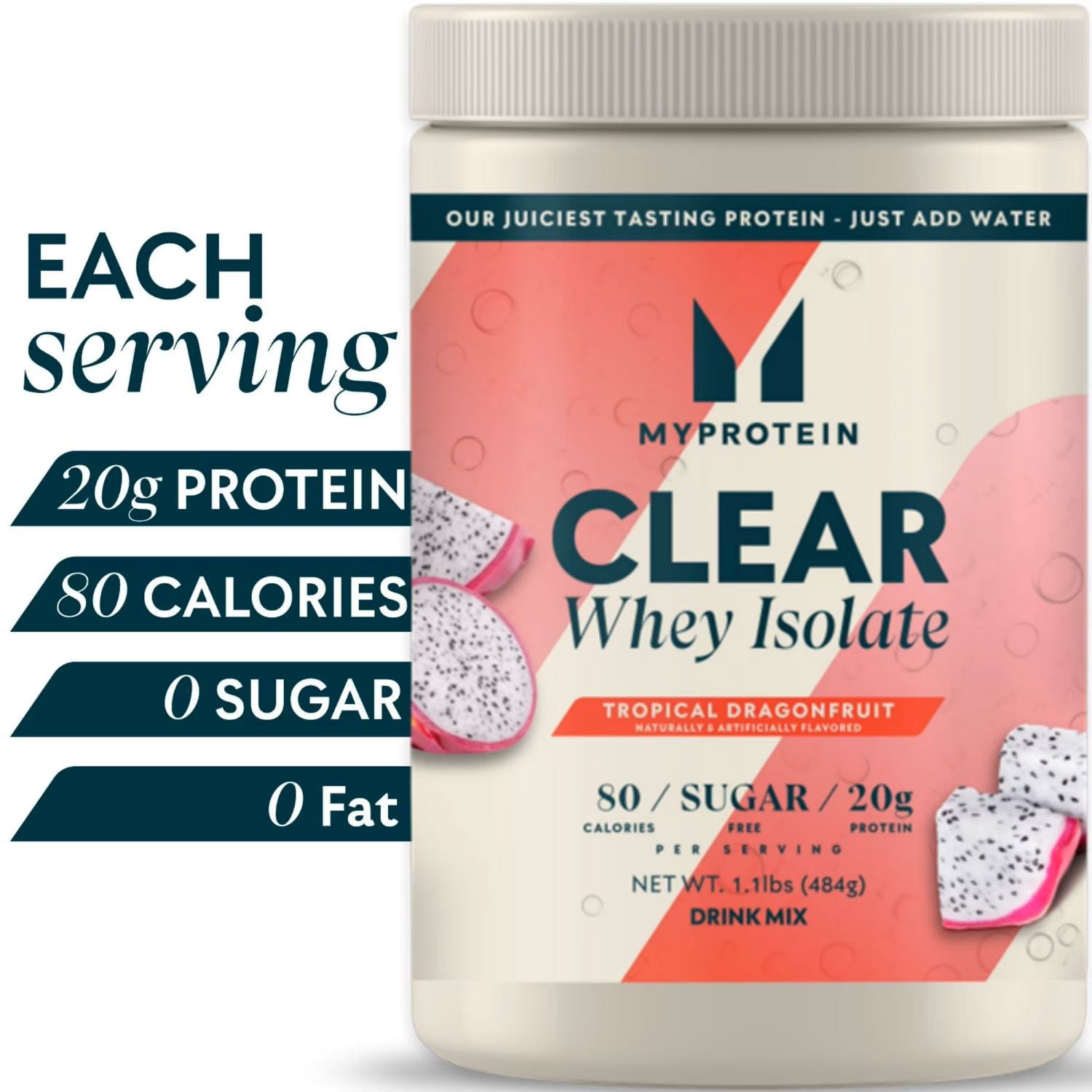 slide 4 of 6, Myprotein Clear Whey Isolate Tropical Dragonfruit Drink Mix 1.1 lb, 17.6 oz