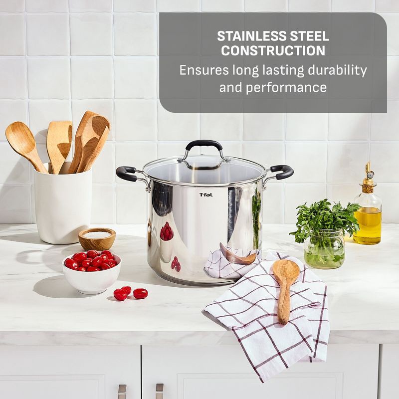 slide 2 of 5, T-fal 12qt Stock Pot with Lid, Stainless Steel Cookware: Vented Lid, Extra-Deep, Dishwasher & Oven Safe, Silicone Handle, 12 qt