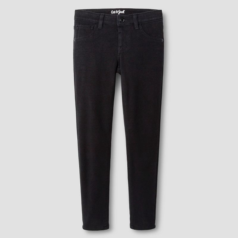 slide 1 of 4, Girls' Mid-Rise Soft Knit Jeggings - Cat & Jack™ Black S: Adjustable Waistband, Stretch Fabric, 1 ct