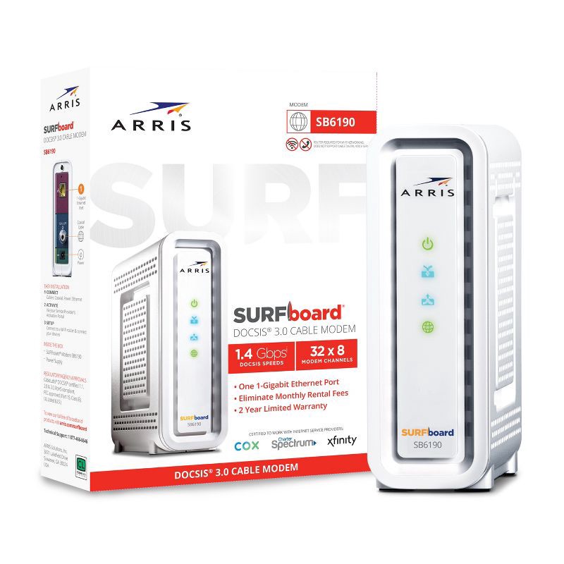 slide 2 of 6, ARRIS SURFboard 32x8 DOCSIS 3.0 Cable Modem, Model SB6190 (White), 1 ct