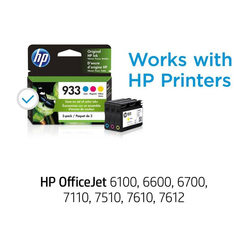slide 4 of 12, HP Inc. HP 933 C/M/Y 3pk Ink Cartridges - Cyan, Magenta, Yellow (N9H56FN#140), 3 ct