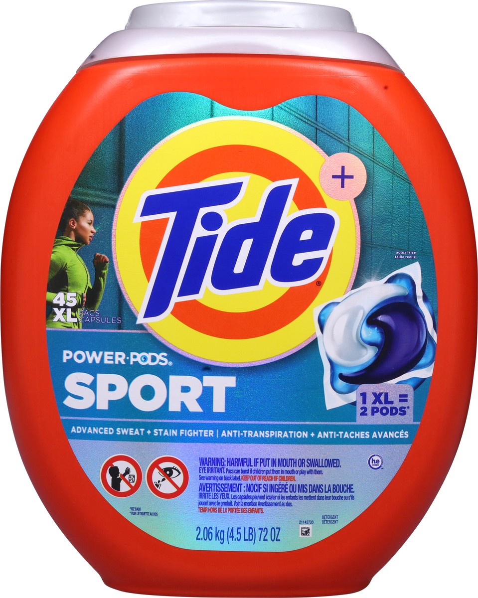slide 10 of 14, Tide Power Pods Sport Laundry Detergent Pacs, 45 Count, Advanced Sweat + Stain Fighter, laundry soap detergent pacs, 45 ct
