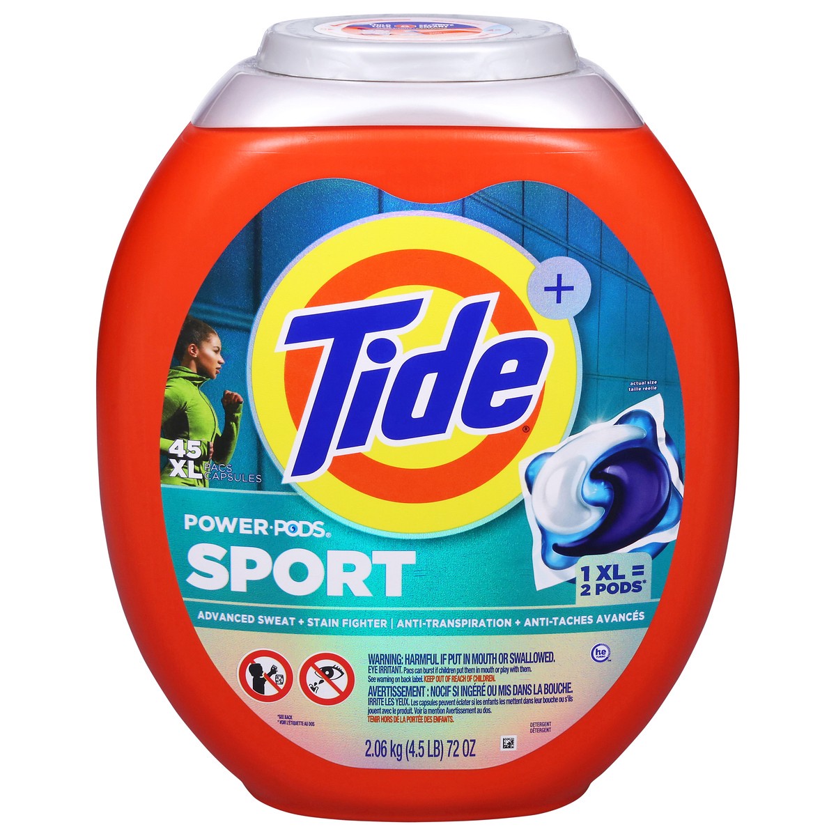slide 9 of 14, Tide Power Pods Sport Laundry Detergent Pacs, 45 Count, Advanced Sweat + Stain Fighter, laundry soap detergent pacs, 45 ct