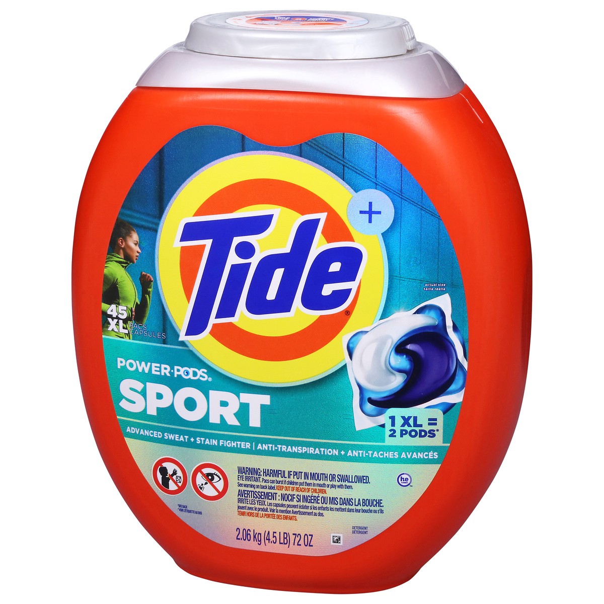 slide 5 of 14, Tide Power Pods Sport Laundry Detergent Pacs, 45 Count, Advanced Sweat + Stain Fighter, laundry soap detergent pacs, 45 ct