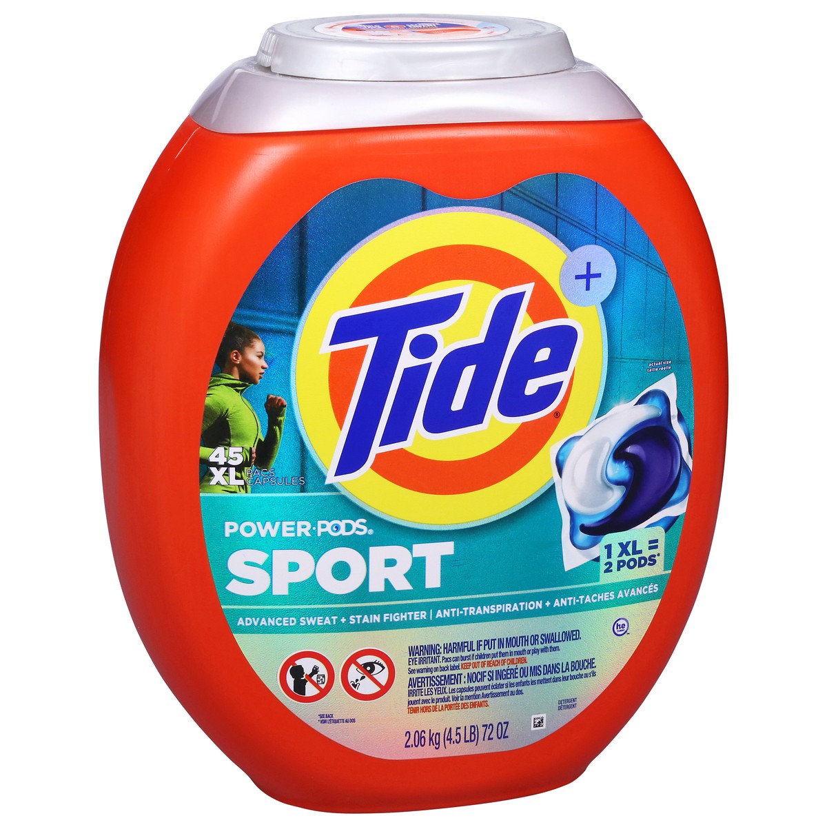 slide 13 of 14, Tide Power Pods Sport Laundry Detergent Pacs, 45 Count, Advanced Sweat + Stain Fighter, laundry soap detergent pacs, 45 ct