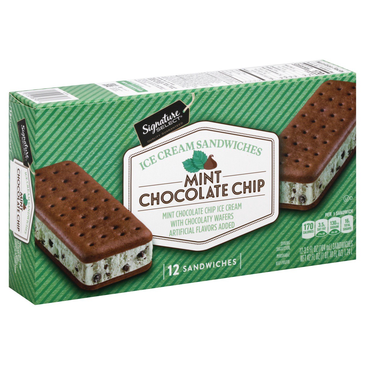 slide 1 of 7, Signature Select Mint Chocolate Chip Ice Cream Sandwiches 12 - 3.5 fl oz Sandwiches, 12 ct