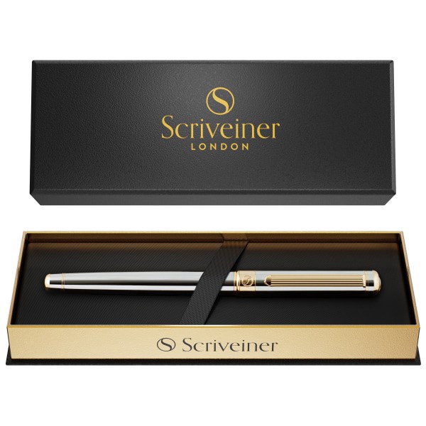 slide 10 of 10, Scriveiner Classic Rollerball Pen, Medium Point, 0.7 Mm, Silver Chrome/Gold Barrel, Black Ink, 1 ct