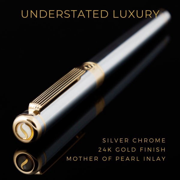 slide 6 of 10, Scriveiner Classic Rollerball Pen, Medium Point, 0.7 Mm, Silver Chrome/Gold Barrel, Black Ink, 1 ct