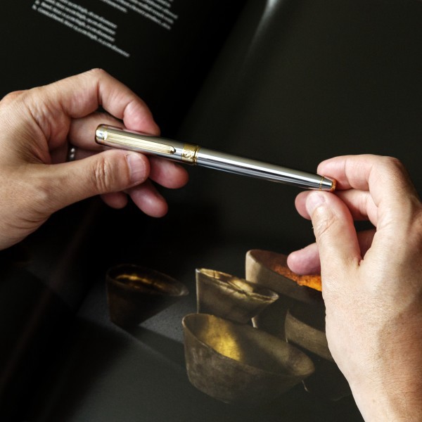 slide 5 of 10, Scriveiner Classic Rollerball Pen, Medium Point, 0.7 Mm, Silver Chrome/Gold Barrel, Black Ink, 1 ct