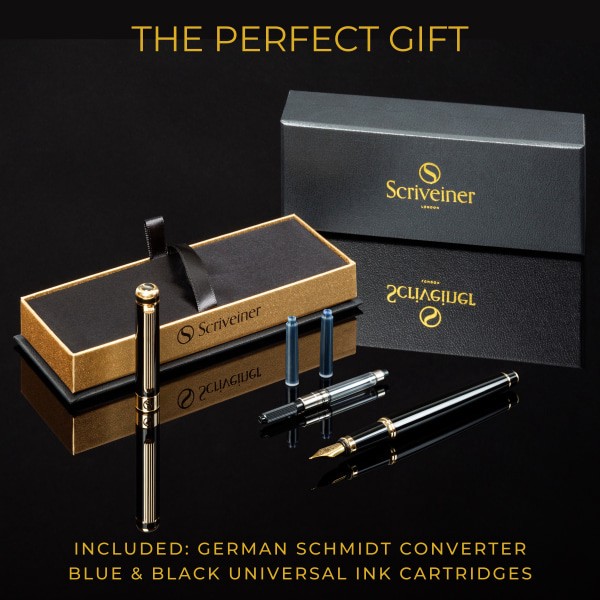 slide 8 of 10, Scriveiner Classic Fountain Pen, Medium Point, 0.7 mm, Black/Gold Barrel, Black/Blue Ink, 1 ct