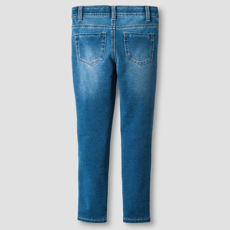 slide 2 of 4, Girls' Mid-Rise Soft Knit Jeggings - Cat & Jack™ Medium Wash XS: Cotton Blend, Adjustable Waistband, Faux Pocket, 1 ct