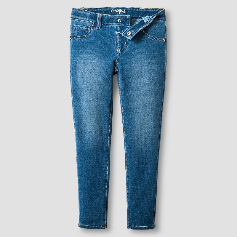 slide 3 of 4, Girls' Mid-Rise Soft Knit Jeggings - Cat & Jack™ Medium Wash L: Cotton Blend, Adjustable Waistband, Faux Pocket, Ankle Length, 1 ct